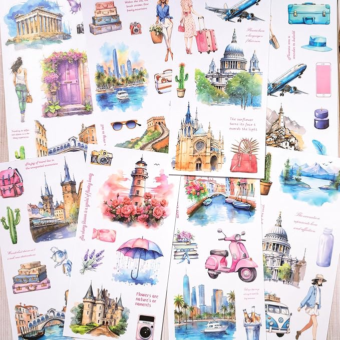 Journaling Sticker Book, 20 Sheets Scrapbook Stickers, Junk Journal Supplies, Pre-Cut Aesthetic PET Materials, Watercolor Scrapbooking for Adults, Decorative Ephemera Bullet Planner Arts Craft