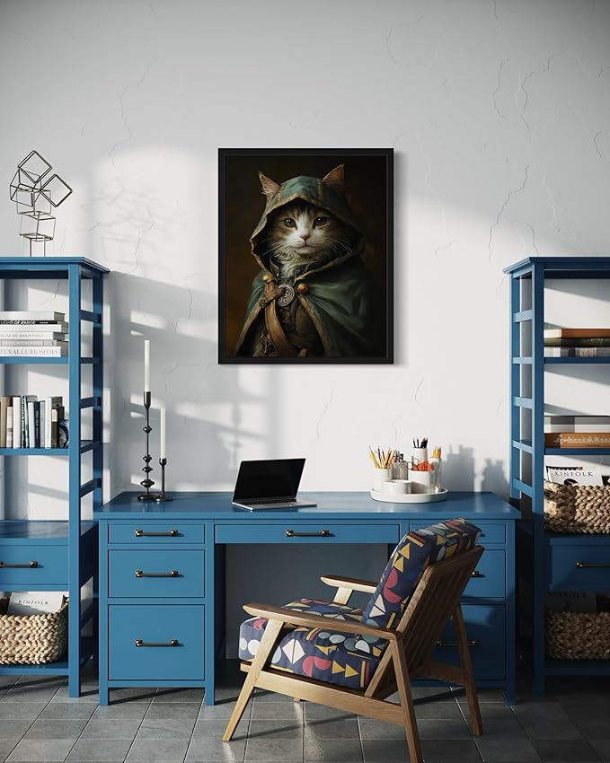 Robinhood Cat Art Poster Print, Cat Kitten Painting Humor Portrait Pet Artwork Decor Gallery A8 (11 x 14 inches, Black Frame)