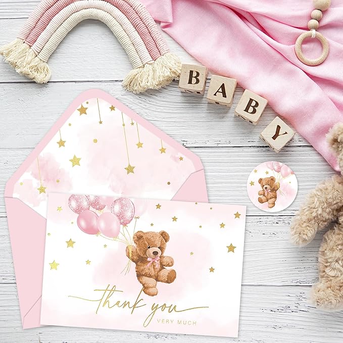24 Pack Bear Gold Foil Thank You Card Pink Star Balloon Bear Greeting Cards with Envelopes Stickers Blank Note Cards for Birthday Baby Shower, 4 x 6 Inch