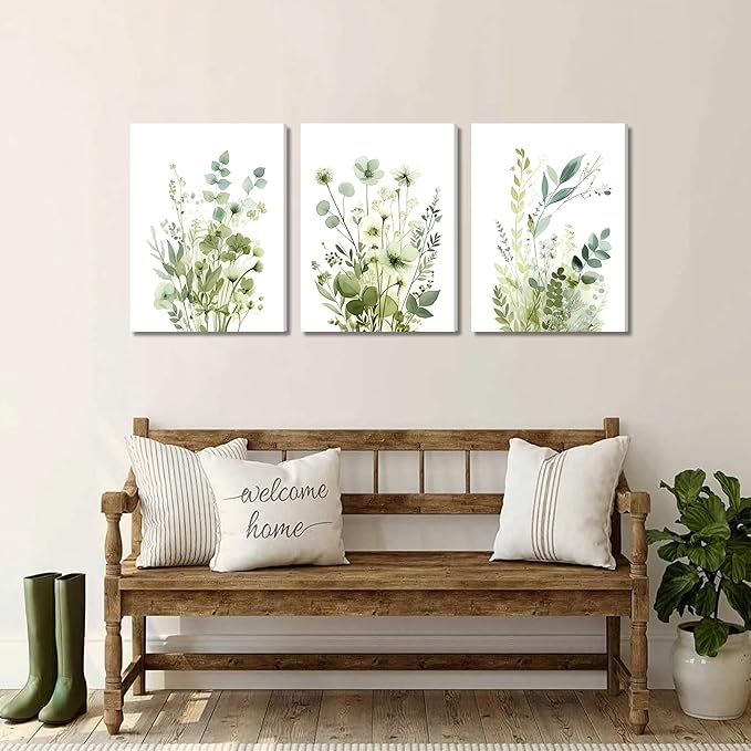 Boho Floral Canvas Wall Art Set of 3, Sage Green Wildflower Botanical Wall Decor Painting, Minimalist Watercolor Flowers Posters Prints for Bedroom Bathroom Living Room 16x24 In Framed