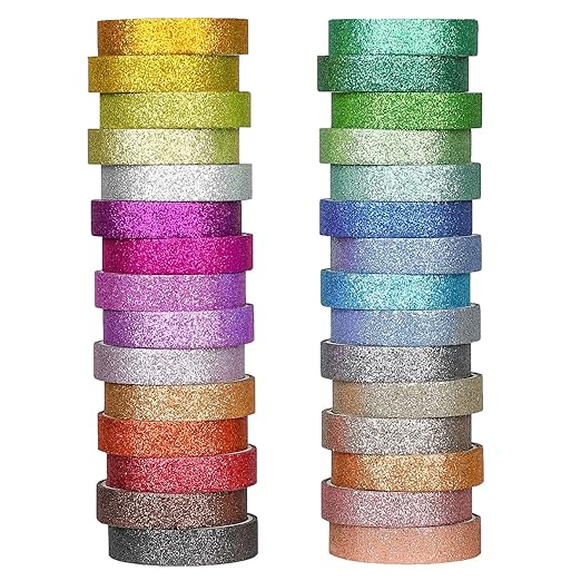 AEBORN Thin Glitter Washi Tape - 30 Rolls 10mm Colored Rainbow Washi Masking Tape Set, Skinny Decorative Tape for Bullet Journal, DIY Crafts, Planner, Scrapbook, Gift Packaging (Glitter-30J)