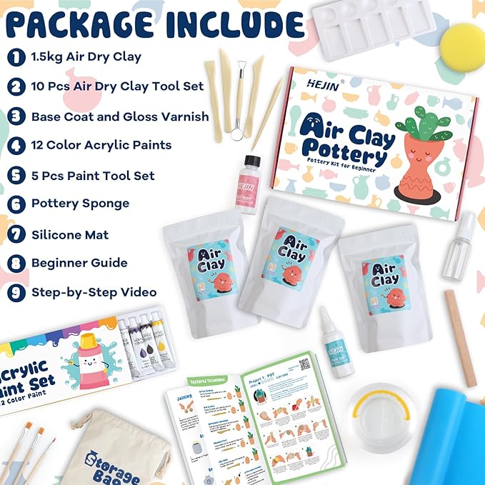 Air Dry Clay Kit for Adults, 3.3Lbs + 30PCS Pottery Craft Kit for Beginners, Sculpting Tools Set & Step-by-Step Guide, 12 Paints, Paintbrush, Varnish, and more - Crafts for Adults for Birthdays Gift