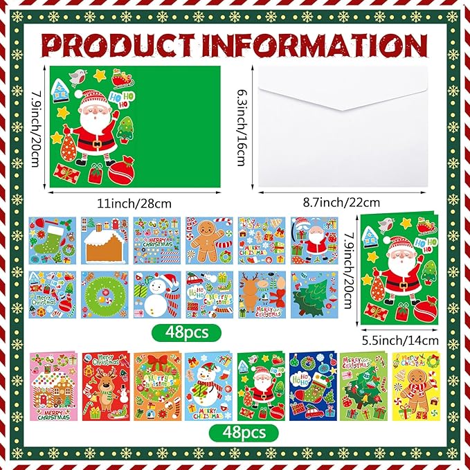 Fullhawl 48 Set Christmas Card Making Kits DIY Christmas Craft with Stickers and Envelopes Make Your Own Greeting Card Handmade Xmas Folded for Xmas Gift Party Decor Home Activities