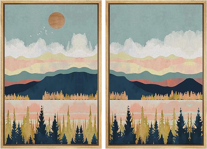 SIGNWIN Framed Canvas Print Wall Art Set Pastel Pink Blue Geometric Mountain Landscape Nature Wilderness Illustrations Scenic Colorful for Living Room, Bedroom, Office - 16"x24"x2 Natural