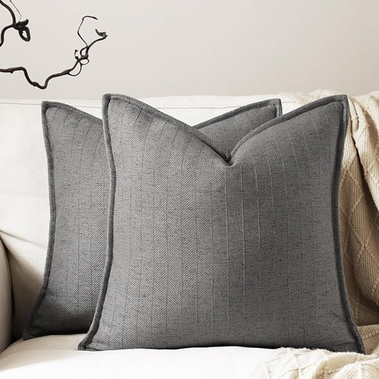 18x18 Linen Pillow Covers Grey Pack of 2 Farmhouse Boho Neutral Accents Striped Textured Square Decorative Throw Pillow Cases for Living Room Couch Bed Home Decor
