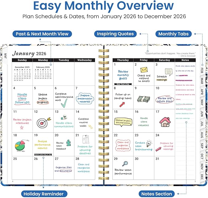 2026 Planner, Weekly and Monthly Planner for Women, January 2026 to December 2026, Pretty Hardcover 2026 Calendar Planner Book with Tabs, Inner Pocket, Spiral Bound, Perfect Office Home School Supplies - 8.5" x 11", Azure Garden