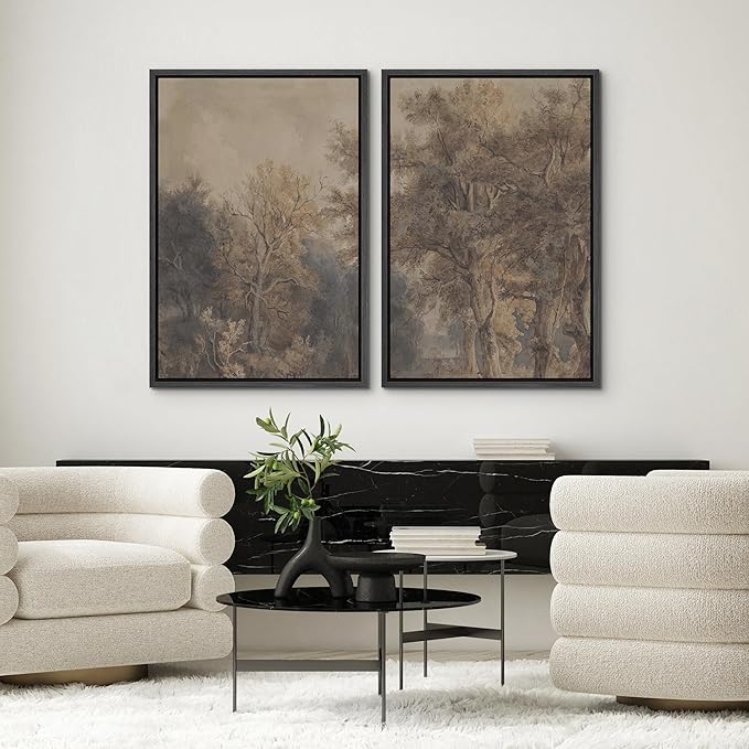 SIGNWIN Framed Canvas Print Wall Art Set Vintage Tree Sketch Classic Sepia-Toned Forest Illustrations Modern Art Scenic Colorful for Living Room, Bedroom, Office - 24"x36"x2 Black