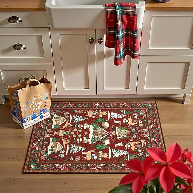 jinchan Christmas Rug 2x3 for Entryway Kitchen Small Maroon Holiday Rug for Porch Bathroom Christmas Tree and Cabin Printed Winter Xmas Decor Washable Doormat for Bedroom Non Slip