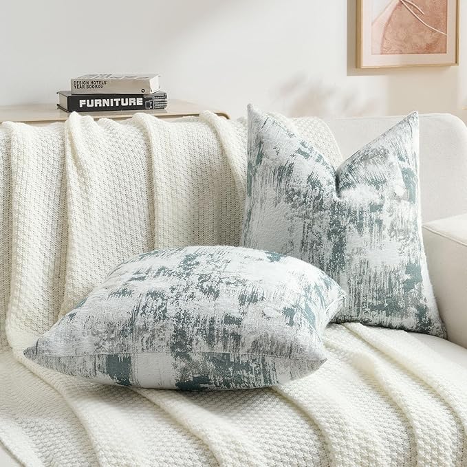 FUTEI Teal White Decorative Throw Pillow Covers 12x20 Inch Set of 2,Jacquard Weave Pillow Case in Soft Faux Cashmere,Modern Home Decor for Couch Living Room