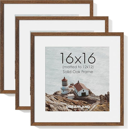 Dreamland 16x16 Picture Frame, 16 x 16 Square Photo Frame with Mat for 12x12, Natural Oak Wood Matted Picture Frames with Tempered Real Glass for Wall Art Photo and Prints, Walnut Color, Set of 3