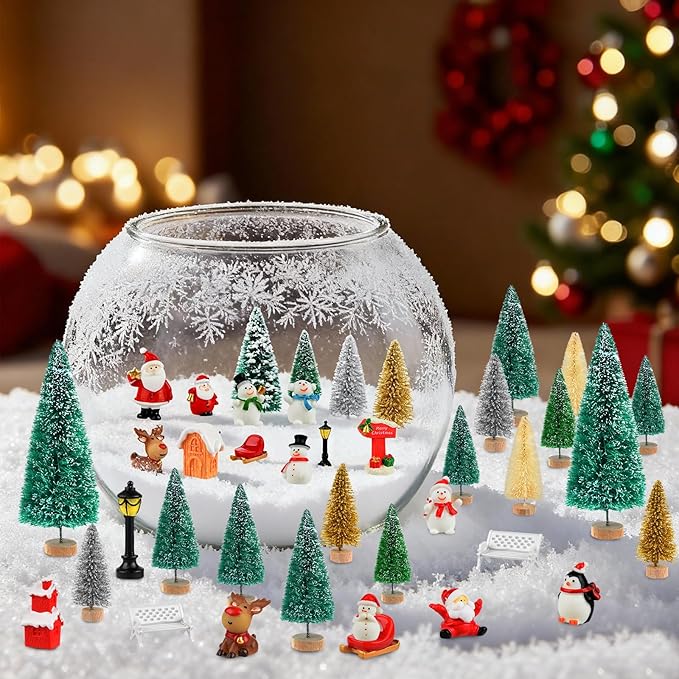 PLULON 35Pcs Christmas Ornament Figurines Mini Christmas Trees Snowman Santa Claus Xmas Village Accessories Bottle Brush Trees for Office Home Dollhouse Tabletop Winter Holiday Party Decorations