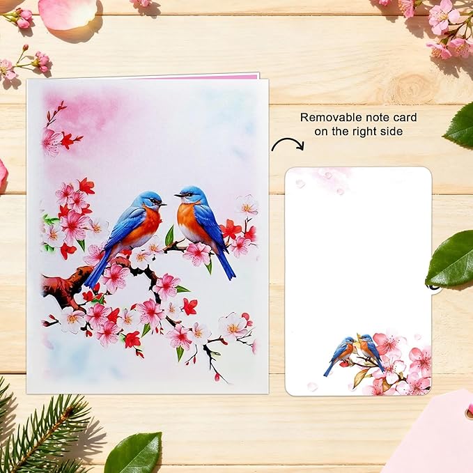 Cherry Blossom Flower Greeting Cards Pop Up 3D Gift for Happy Birthday, Anniversary, Thank you, Robin Bird All Occasions Mom Wife Grandma Grand Parent Couples Men Women