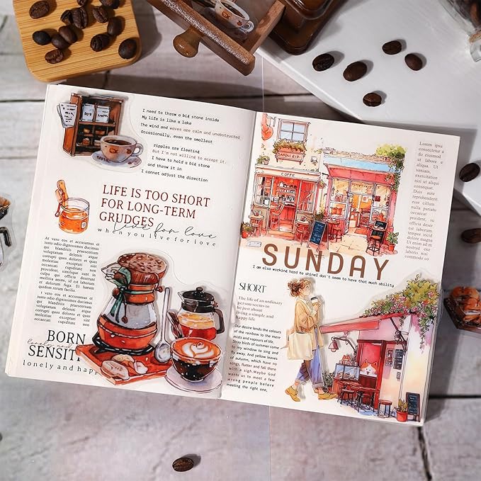 Coffee Memories PET Stickers, 120 PCS Vintage Cafe Scene Stickers for Scrapbook, Journals, Planners and DIY Craft Decoration