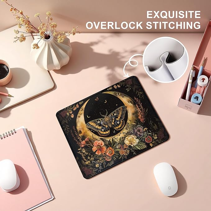 Moody Gothic Floral Butterfly Moon Mouse Pad, Dark Contemporary Botanical Mousepad for Desk Home Office Dorm Computers Laptop, Witchy Celestial Office Supplies Desk Accessories, 9.5x7.9 Inch