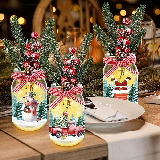 3 Pack Christmas Decorations Mason Jar with Lights for Christmas Table Centerpiece, Lighted Glass Bottles with Artificial Pine Picks Christmas Centerpieces Decor