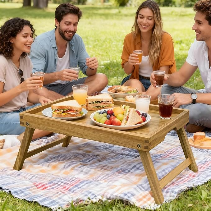 VaeFae Acacia Bed Table Tray, Wooden Breakfast Tray with Folding Legs, Bed Tray for Eating and Laptop, Eating Trays for Bedroom (Large Size)