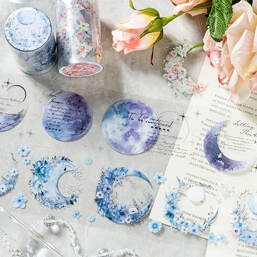 6 Rolls Moon Flower PET Tape Set, Pre-Cut Aesthetic Stickers for Journaling, Scrapbooking, and DIY Crafts, with Decorative Clip