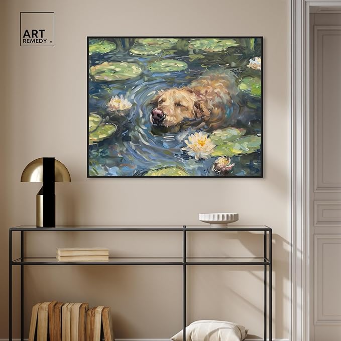 Art Remedy Monet Water Lilies Dog Rustic Chic Farmhouse Canvas Wall Art, Black Floater Frame, 36"x30"
