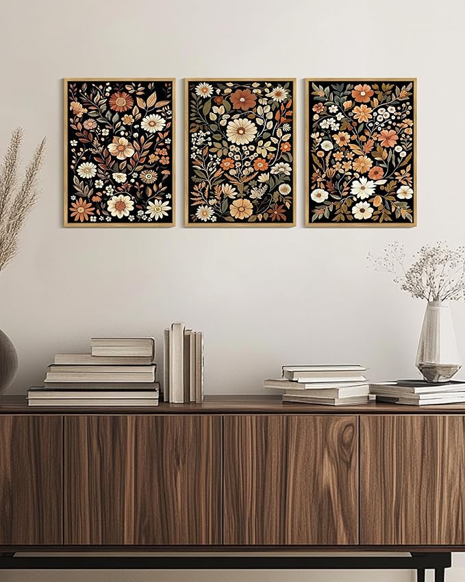 KUVIOKE Orange Vintage Flower Framed Wall Art Boho Floral Wall Decor Retro Wildflower Modern Art Prints Bedroom Living Room Home Decor 11x14in (Natural Framed)