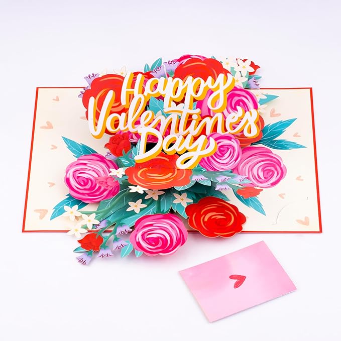Floral Valentine Pop Up Card, Roses, Happy Valentine's Day, 3D Popup Greeting Cards, Ideal Gifts for Mom, Wife, Her, Girlfriend, Sister, Grandma, 5x7 - Includes Envelope And Message Note