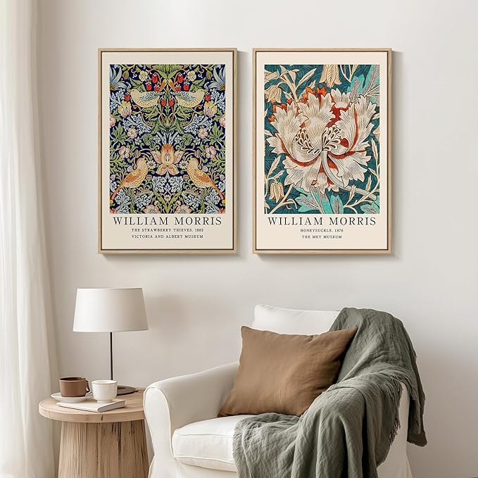 Framed William Morris Canvas Wall Art, Large 2 Pieces Vintage Strawberry Thief Artwork for Walls, Botanical Floral Art Prints for Bedroom, Living Room, Dining Room, Bathroom, Office Wall Decor, 16x24