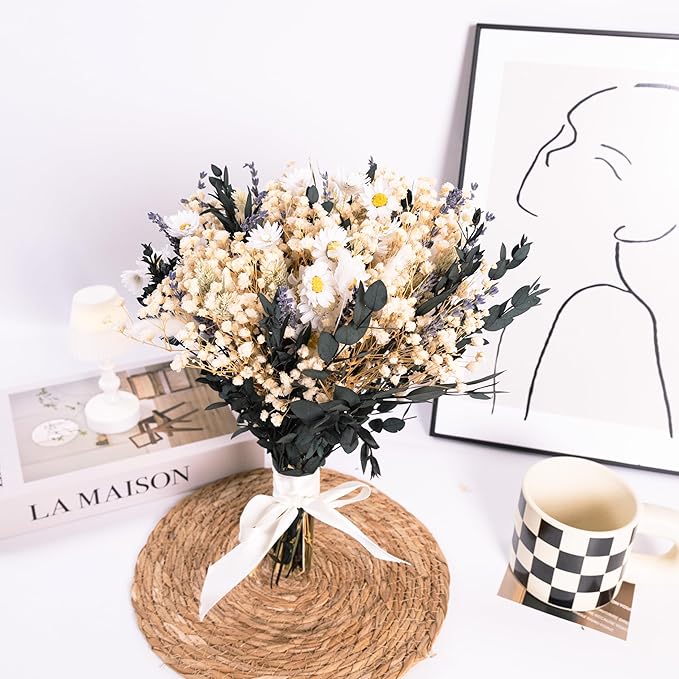 Handmade Dried Flower Bouquet – Natural White, Lavender, Baby’s Breath, Pampas Grass & Eucalyptus – Rustic Boho Style for Home Decor, Weddings, Gifts, and Events