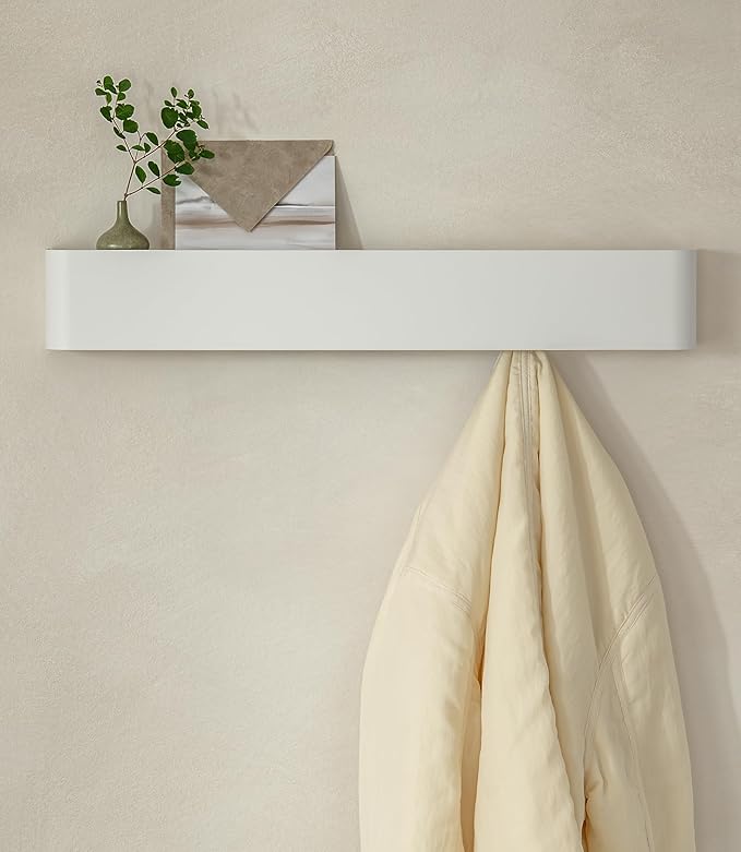 Kazai.®️ Coat Rack Wall Mount with Shelf 'Tone' | Modern Design Coat Hanger with Hidden Hooks and Storage | Hat Rack with Shelf in Metal | Wall-Mounted Purse Organizer | White