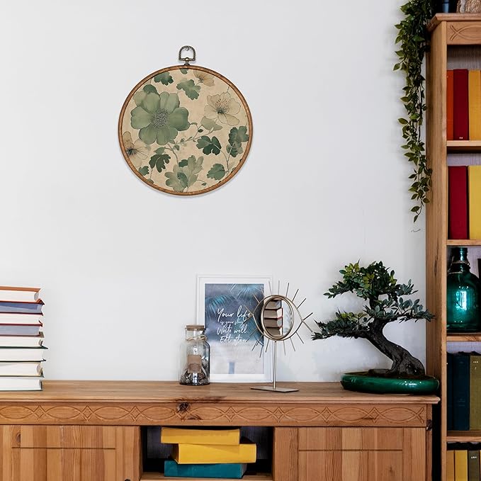 KSDUT Spring Floral Green Botanical Wall Decor Art - Flower Wall Art Canvas Frame Hanging Prints, Preppy Trendy Wildflower Round Wall Art Decor for Farmhouse Gallery Home Decorations 10"x10"