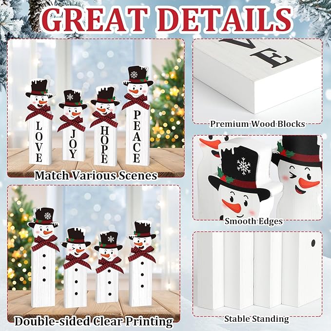 Christmas Snowman Decorations, Wooden Snowman Joy Table Centerpiece Sign, Winter Tiered Tray Decor for Xmas Holiday Home Decor (Snowman)