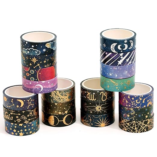 YUBBAEX 20 Rolls Galaxy Washi Tape Set Constellations Arts Masking Tape Gold-Foil Starry Night Designs Decorative for DIY Crafts, Bullet Journal Supplies, Planners, Scrapbook, Card/Gift Wrapping