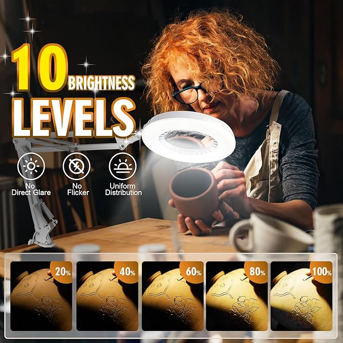 12X Magnifying Glass with Light and Stand, 144 LEDs Brightest Desktop Magnifying Lamp, 10 Dimmable Brightness 5 Color Modes, Hands Free Metal Desk Lamp for Craft Reading Painting (White)