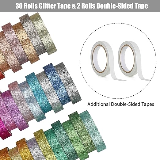 AEBORN Thin Glitter Washi Tape - 30 Rolls 10mm Colored Rainbow Washi Masking Tape Set, Skinny Decorative Tape for Bullet Journal, DIY Crafts, Planner, Scrapbook, Gift Packaging (Glitter-30J)