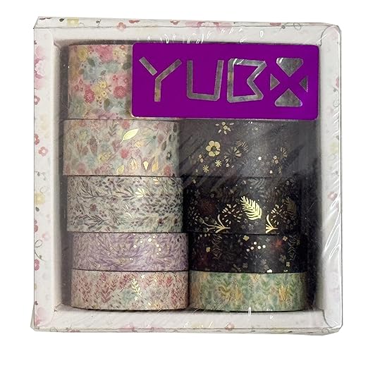 YUBX Creative Washi Tape Set 10 Rolls Gold Foil Print Decorative Masking Tapes for Arts, DIY Crafts, Journals, Planners, Scrapbook, Wrapping (Garden Maze)