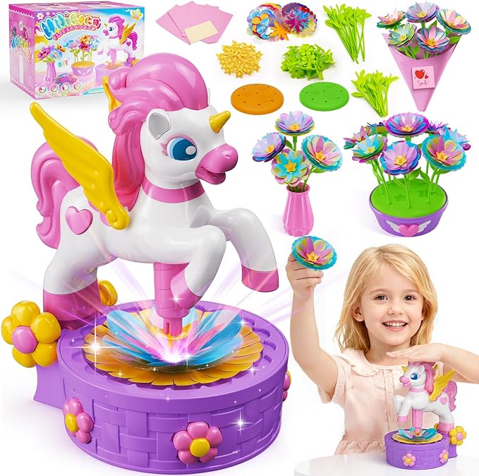 Craft Kits, Press-to-Create Flower Maker, Unicorn Toys for Girl Age 3-12, Fabric Flower Bouquets Toy, Kids DIY Arts and Crafts, Unique Christmas Birthday Gifts for 3 4 5 6 7 8 9 10 11 12 Year Old Girl