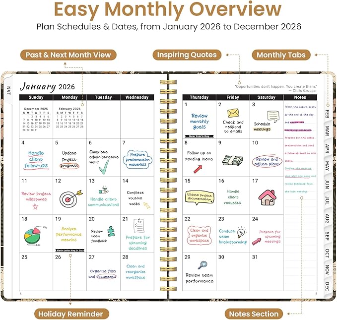 2026 Planner, Weekly and Monthly Planner for Women, January 2026 to December 2026, Pretty Hardcover 2026 Calendar Planner Book with Tabs, Inner Pocket, Spiral Bound, Perfect Office Home School Supplies - 8.5" x 11", Wild Rose