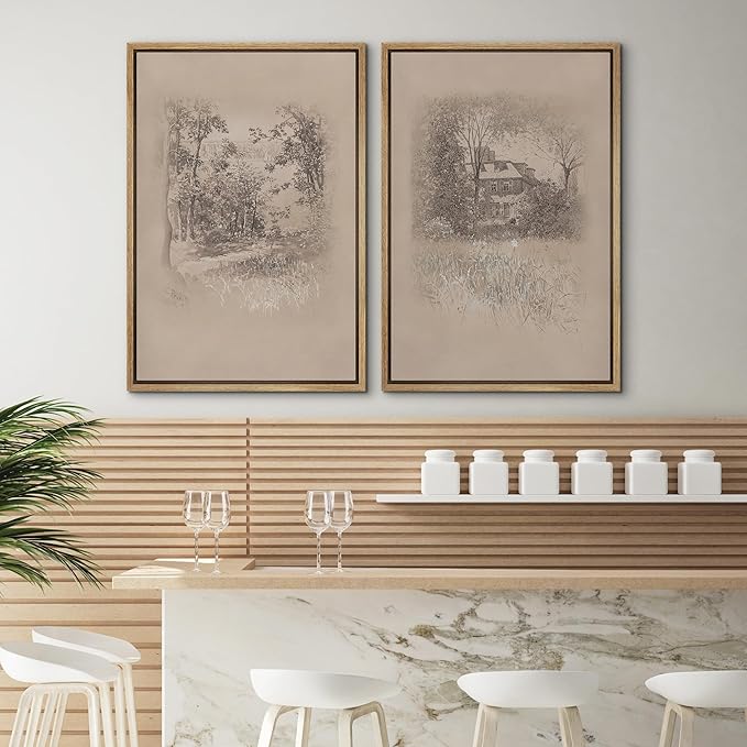 SIGNWIN Framed Canvas Print Wall Art Set Countryside Home and Trees Sepia Landscape Drawings Illustrations Modern Art Scenic Colorful for Living Room, Bedroom, Office - 24"x36"x2 Natural