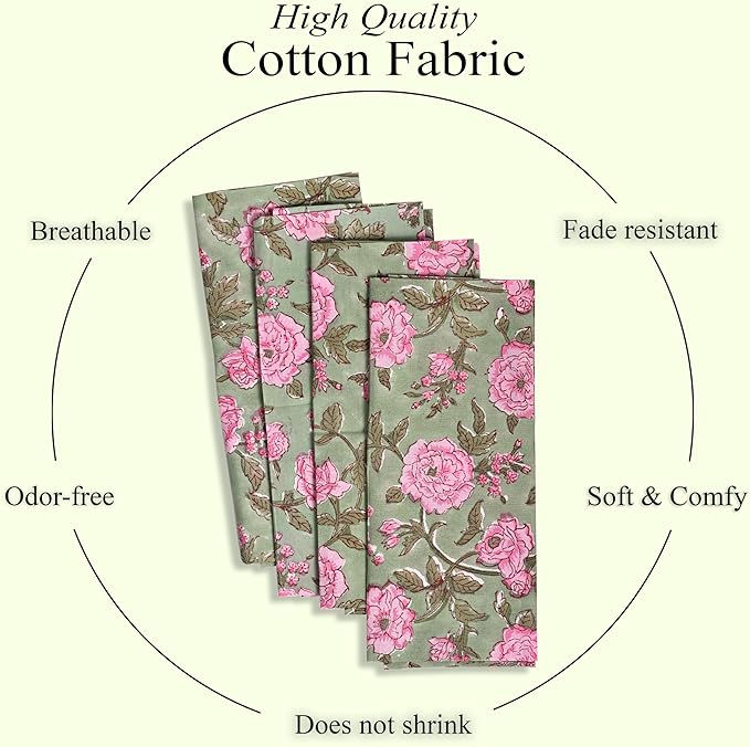 CPC Cloth Napkins 100% Cotton Set of 4 Reusable Napkins, Indian Block Print Toile Floral Dinner Napkin, Fall Thanksgiving Christmas Holiday Party Gift - Soft Absorbent Napkin, 18"x18" Pink Tourmaline