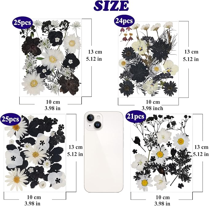 94 Pcs Black Pressed Dried Flowers for Resin Molds, Real Natural Flowers Leave for DIY Crafts, Jewelry, Candle, Soap Making Gifts