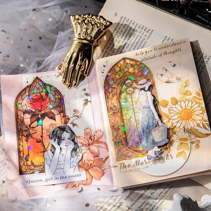 60PCS Large Holographic Gothic Stained Glass Window Medieval Stickers – Vintage Clear Cathedral Religious Art Decals for Scrapbooking, Journaling, Christian Bible Study, Art Crafts Supplies