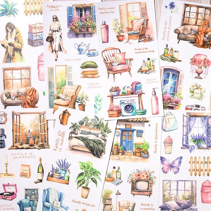 Journaling Sticker Book, 20 Sheets Scrapbook Stickers, Junk Journal Supplies, Pre-Cut Aesthetic PET Materials, Watercolor Scrapbooking for Adults, Decorative Ephemera Planner Arts Craft