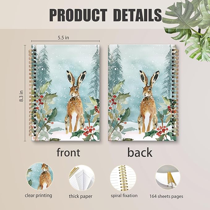 XNXLDYLH Christmas Winter Bunny Notebook Journal for Kids, Rustic Farmhouse Aesthetic Spiral Notebook, Woodland Journals Notebooks for Women, Christmas Bunny Office School Supplies Gifts, 5.5x8.3 Inch
