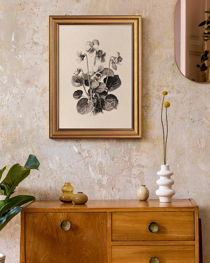 Bzstyleart Vintage Wall Art Decor for Living Room,Viola Sororia Flowers Painting,Gold Framed Wall Art,Sketching Painting Picture,Home Decor Aesthetic for Kitchen Bathroom,12L x 16W