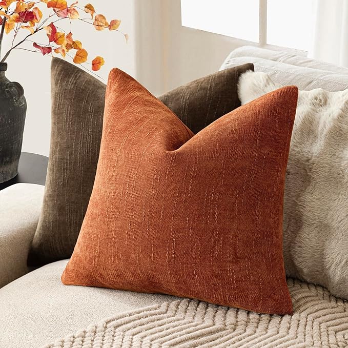 Foindtower Pack of 2 Soft Textured Chenille Throw Decorative Pillow Covers Square Accent Solid Cushion Cover Cozy Neutral Farmhouse Pillow Case for Couch Sofa Bedroom Living Room 16x16 Inch,Orange