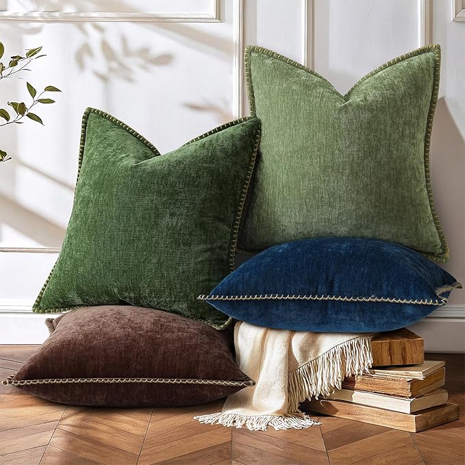 decorUhome Spring Chenille Soft Throw Pillow Covers 22x22 Set of 2, Farmhouse Velvet Neutral Decorative Euro Sham Pillow Covers with Stitched Edge for Couch Sofa Bed Home Decor, Olive Green