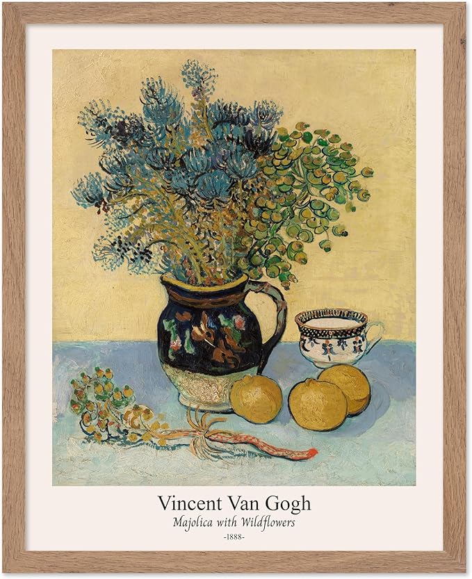 Monem Art Vintage Van Gogh Poster - Retro Majolica with Wildflowers Print - Impressionism Art - Flower Art - Fine Art - Classic Painting Art - Floral Living Room Decor - 11x14 Beige Framed