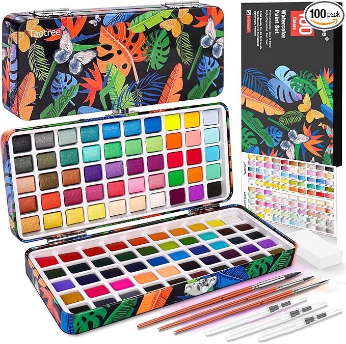 Taotree Watercolor Paint Set 100 Colors, Art Supplies Watercolors Kit Travel Water Colors with 3 Paints Brushes, Crafts Painting Supplies, Drawing Christmas Gifts for Teens Girls Boys Adults Artists