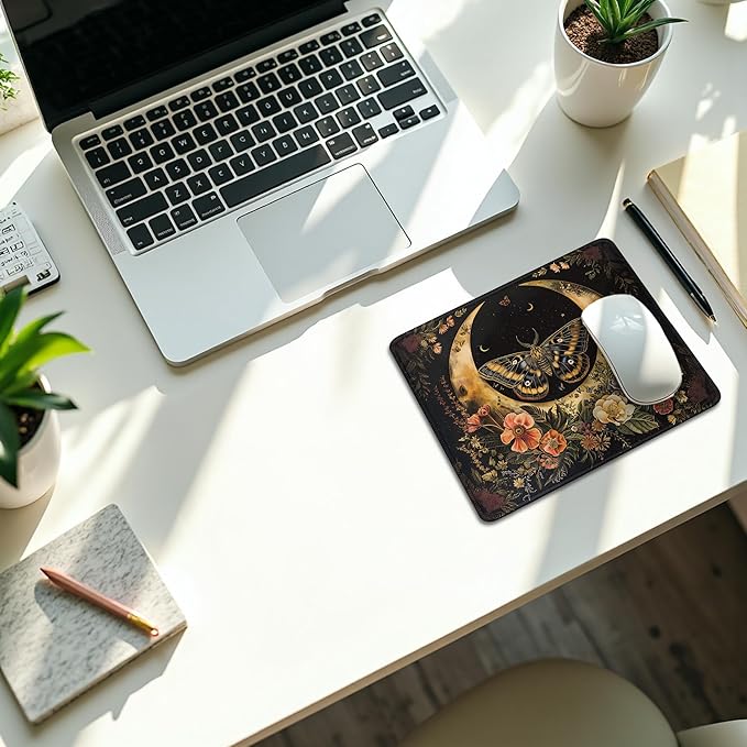 Moody Gothic Floral Butterfly Moon Mouse Pad, Dark Contemporary Botanical Mousepad for Desk Home Office Dorm Computers Laptop, Witchy Celestial Office Supplies Desk Accessories, 9.5x7.9 Inch