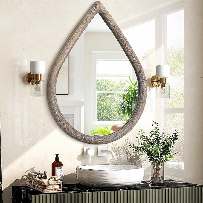 Rustic Farmhouse Wall Mounted Mirror Solid Wood Frame Teardrop Mirrors Wall Decorative Mirror for Bathroom Entryway Living Room Home Decor