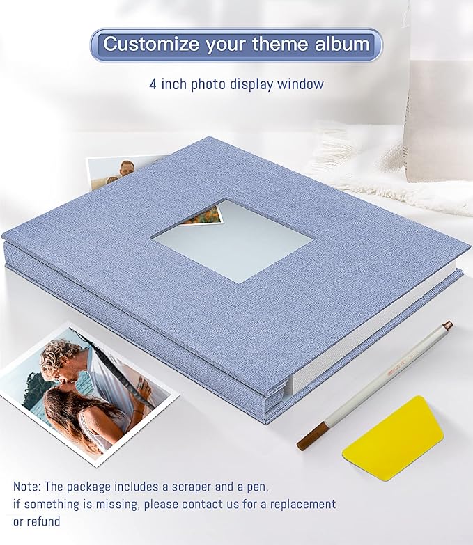 popotop Photo Album Self Adhesive with Picture Display Window,60 Pages DIY Scrapbooking Supplies Kit for 4x6 8x10 Picture,Linen Cover Memory Book for Baby Wedding, with Scraper and Metallic Pen