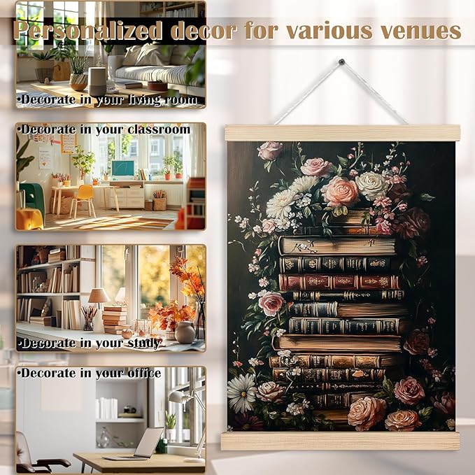 Vintage Floral Book Canvas Wall Art Poster, Reading Nook Corner Decor, Retro Moody Bookish Book Lover Wall Decor Prints for Library Reading Room Classroom Home, 12x16 Inches
